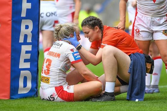 St Helens's Jodie Cunningham recives treatment during the bruising semi-final win over York.