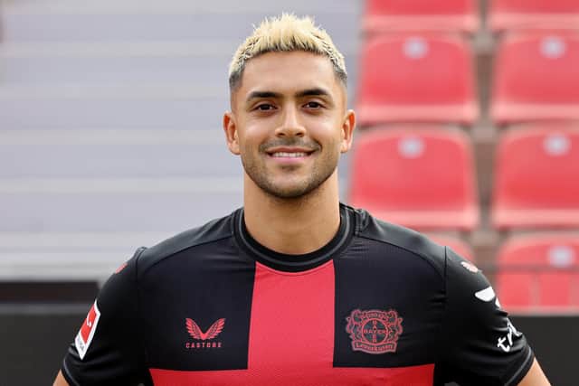 LEVERKUSEN, GERMANY - JULY 18: Nadiem Amiri of Bayer Leverkusen poses during the team presentation at BayArena on July 18, 2023 in Leverkusen, Germany. (Photo by Christof Koepsel/Getty Images)