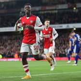 Eddie Nketiah celebrates after scoring Arsenal's second goal during the Carabao Cup Round of 16 match between against Leeds United at Emirates Stadium in October