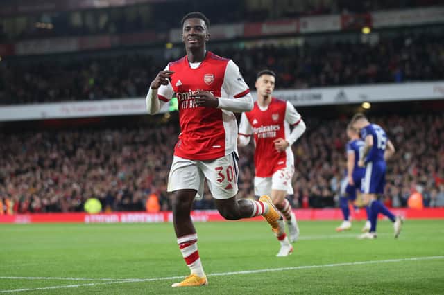 Eddie Nketiah celebrates after scoring Arsenal's second goal during the Carabao Cup Round of 16 match between against Leeds United at Emirates Stadium in October