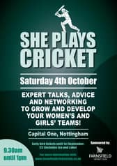 Flyer detailing 'She Plays Cricket' event