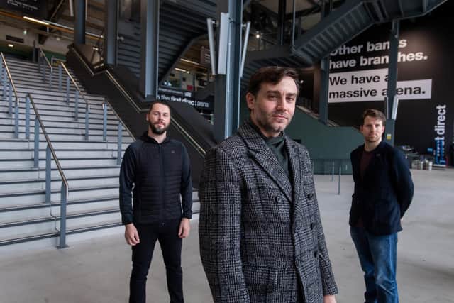 Filmmaker and actor Ashley Tabatabai, centre, released a film called Hamdardi about the 2017 US travel ban. He is pictured with director of photography Adam Lyons and editor Stefan Fairlamb at the Leeds First Direct Arena where some scenes were shot. Photo: Bruce Rollinson