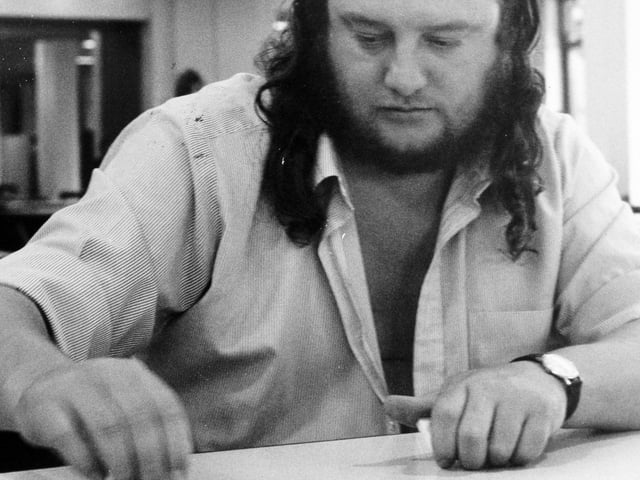 Peter Dennison from Woodlesford pegs up his board in the Leeds Regional Final of the National Dominoes Championship played at Leeds University Refectory in September 1982.