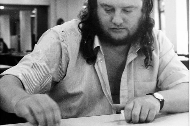 Peter Dennison from Woodlesford pegs up his board in the Leeds Regional Final of the National Dominoes Championship played at Leeds University Refectory in September 1982.