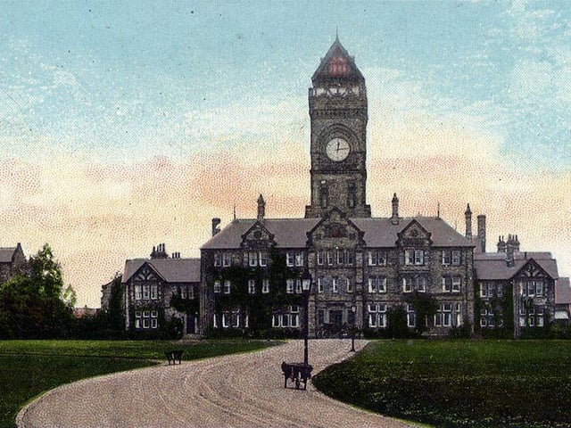 Colour-tinted postcard with a postal date of August 1911 showing the West Riding Pauper Lunatic Asylum at Menston, later known as High Royds Psychiatric Hospital. The hospital closed in 2003 and the site has now been converted into a residential village.
