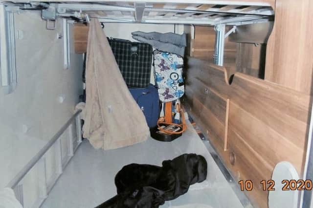The compartment in the campervan in which the five Albanians were found, transported by the two women.  (pic by Home Office)