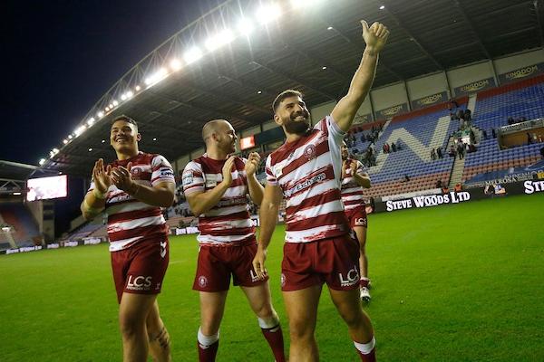 Now up to second in the table, Wigan are 3/1 to lift the trophy. Picture shows Abbas Miski, Tyler Dupree and Liam Marshall are the recent win over Hull KR.
