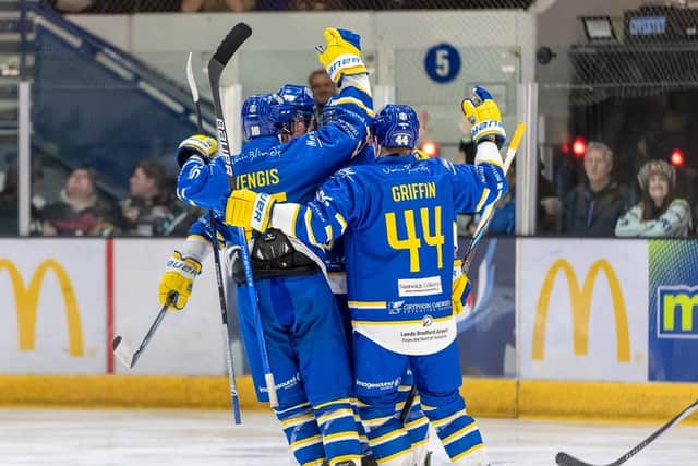 PARTY TIME: Leeds Knights' players celebrate during their NIHL National play-off win against Hull Seahawks. Picture: Miles Tidman/Knights Media.