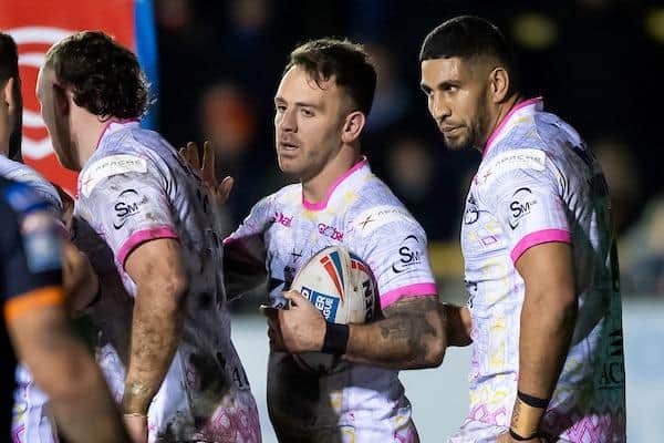 Richie Myler celebrates after scoring for Rhinos at Castleford. Picture by Allan McKenzie/SWpix.com.