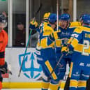 PARTY TIME: Cole Shudra celebrates with his Leeds Knights' team-mates after putting the hosts 4-0 up against Peterborough Phantoms. Picture courtesy of Oliver Portamento.