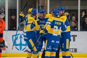PARTY TIME: Cole Shudra celebrates with his Leeds Knights' team-mates after putting the hosts 4-0 up against Peterborough Phantoms. Picture courtesy of Oliver Portamento.