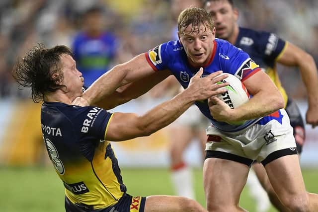 Lachie Miller, seen in NRL action for Newcastle Knights against North Queensland Cowboys in April, will add to competition for Rhinos' full-back spot next year. Picture by Ian Hitchcock/Getty Images.