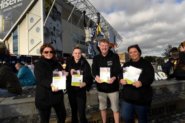 Family and friends appeal for a bone marrow donation to help Emily Land who has cancer, at Elland Road, Leeds before the Leeds United v Arsenal match. Pictured from the left are Bernadette Radnal, Emily's sister Millie, Andrew Plenderleith and Clare Benson, Picture by Simon Hulme
