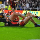 Jake Connor, seen scoring for Leeds Rhinos in their Super League semi-final loss to Warrington Wolves, has been left out of the England World Cup squad. Picture by Steve Riding.