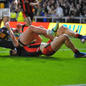 Jake Connor, seen scoring for Leeds Rhinos in their Super League semi-final loss to Warrington Wolves, has been left out of the England World Cup squad. Picture by Steve Riding.