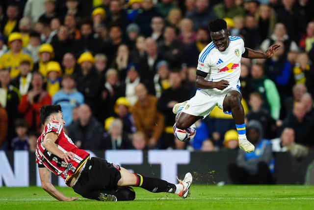 KEY PAIR: Leeds United and Sheffield United as Whites star Willy Gnonto and Blades ace Anel Ahmedhodzic lock horns in October's Championship clash at Elland Road. Photo by Mike Egerton/PA Wire.