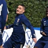FLORENCE, ITALY - MARCH 22:  Marco Verratti and Wilfried Gnonto of Italy in action during an Italy training session at Centro Tecnico Federale di Coverciano on March 22, 2023 in Florence, Italy. (Photo by Claudio Villa/Getty Images)