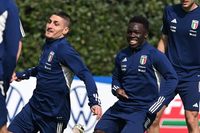 FLORENCE, ITALY - MARCH 22:  Marco Verratti and Wilfried Gnonto of Italy in action during an Italy training session at Centro Tecnico Federale di Coverciano on March 22, 2023 in Florence, Italy. (Photo by Claudio Villa/Getty Images)