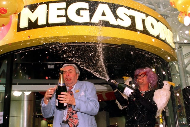 The man behind Dame Edna returned to Leeds the following year, this time as the character Sir Les Patterson. He joined Richard Branson - who had disguised himself as Dame Edna - to officially opening the new Virgin Megastore in Leeds.