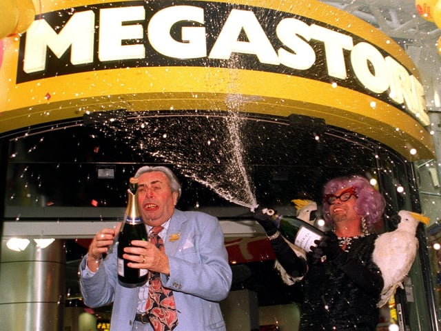The man behind Dame Edna returned to Leeds the following year, this time as the character Sir Les Patterson. He joined Richard Branson - who had disguised himself as Dame Edna - to officially opening the new Virgin Megastore in Leeds.