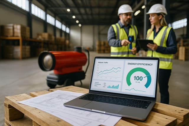 FlexiHeat UK staff analyse web-traffic and efficiency metrics beside a portable heater, underscoring the firm’s partnership with Digitaleer to amplify its online reach and promote energy-saving solutions.