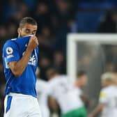 LIVERPOOL, ENGLAND - APRIL 27: Dominic Calvert-Lewin of Everton looks dejected after Jacob Murphy of Newcastle United (not pictured) scores the team's fourth goal during the Premier League match between Everton FC and Newcastle United at Goodison Park on April 27, 2023 in Liverpool, England. (Photo by Gareth Copley/Getty Images)