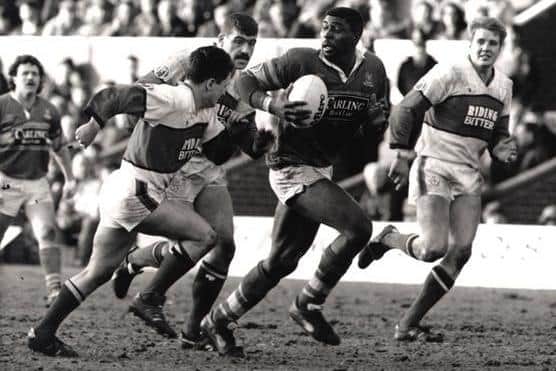 Roy Powell on the charge for Leeds against Hull KR at Headingley. Picture by YEP.