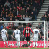 AWFUL RECORD: Set by Leeds United as Dominic Solanke puts Bournemouth 3-1 up en route to a 4-1 victory against the Whites. Photo by STEVE BARDENS/AFP via Getty Images.