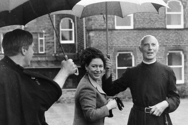 Princess Margaret on a visit to Mirfield in October 1973. She is accompanied by Father Hugh Bishop, Superior of the Community of the Resurrection, Mirfield.