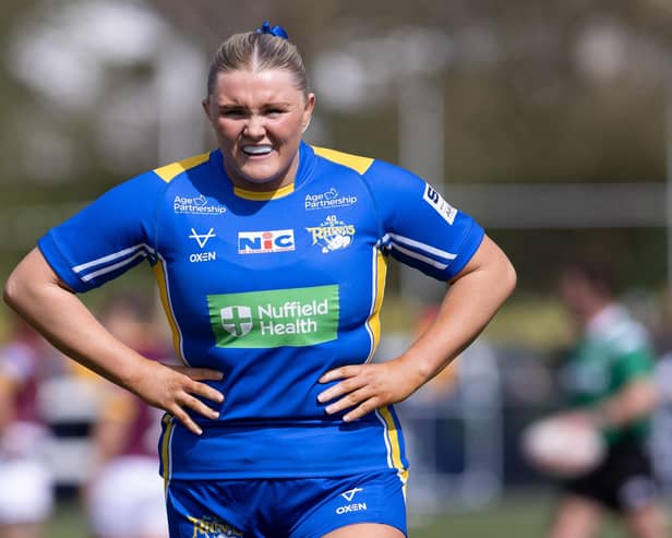 Zoe Hornby opened the scoring for Leeds Rhinos as they began their Women's Super League campaign with a big win over Huddersfield Giants. Picture by John Victor.