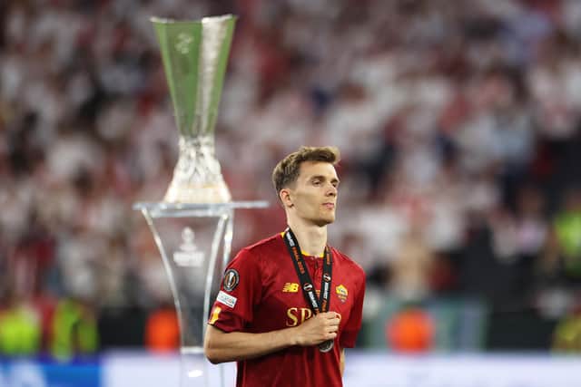 BUDAPEST, HUNGARY - MAY 31: Diego Llorente of AS Roma collects his runners-up medal after his team's defeat during the UEFA Europa League 2022/23 final match between Sevilla FC and AS Roma at Puskas Arena on May 31, 2023 in Budapest, Hungary. (Photo by Maja Hitij/Getty Images)
