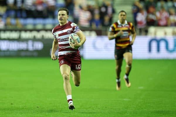 Jai Field, pictured scoring for Wigan against Salford last week, will be a threat to Rhinos on Saturday. Picture by Paul Currie/SWpix.com.