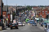 A general view looking down Harehills Lane in Harehills, Leeds.