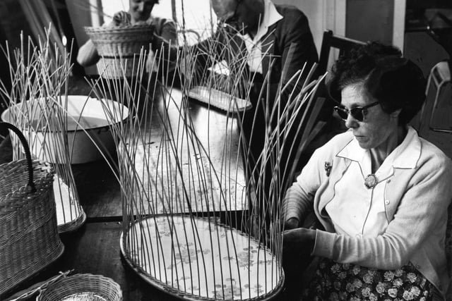 Maureen Laycock, Geoffrey Smith and Elsie Osler pictured doing basketry at St. George's House in Harrogate in July 1962.