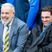 Leeds Rhinos sporting director Ian Blease, left, with star stand-off Brodie Croft. Picture by Allan McKenzie/SWpix.com.
