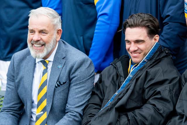 Leeds Rhinos sporting director Ian Blease, left, with star stand-off Brodie Croft. Picture by Allan McKenzie/SWpix.com.