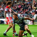 Chris Hankinson celebrates after scoring for Leeds Rhinos at St Helens last month. Picture by Paul Currie/SWpix.com.