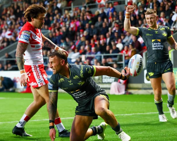 Chris Hankinson celebrates after scoring for Leeds Rhinos at St Helens last month. Picture by Paul Currie/SWpix.com.