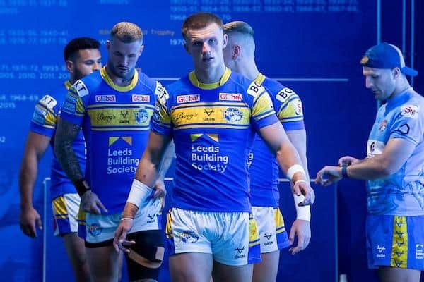 Ash Handley leads Rhinos on to the field to face Wigan. Picture by Allan McKenzie/SWpix.com.