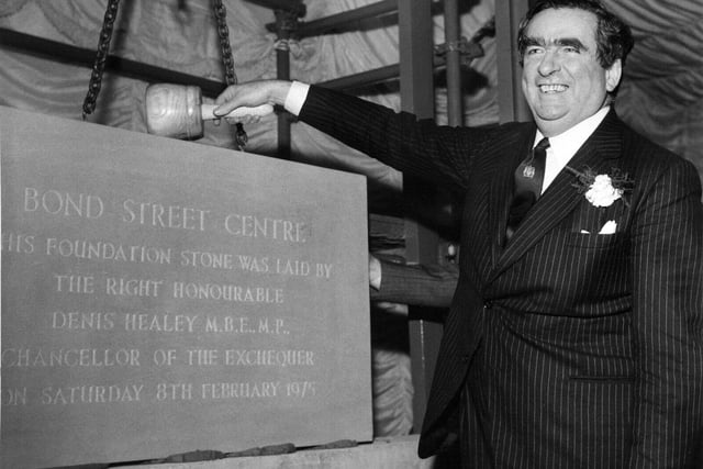 Bond Street Shopping Centre foundation stone was laid by the Right Honourable Denis Healey M.B.E., M.P. Chancellor of the Exchequer, in February 1975.