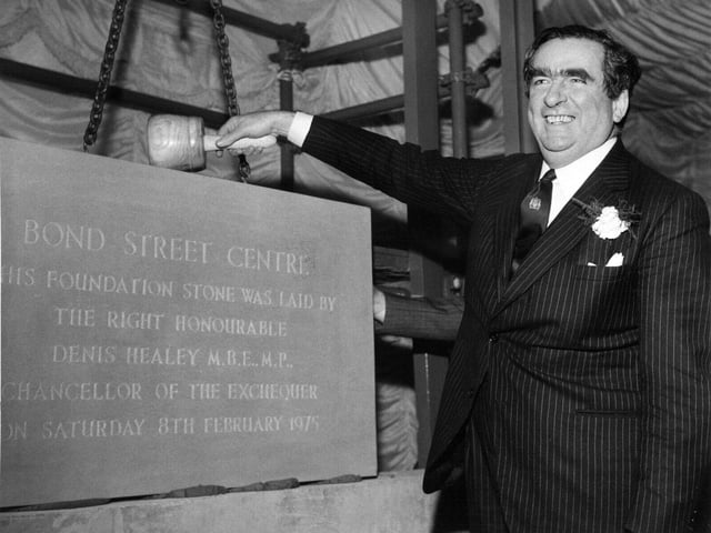 Bond Street Shopping Centre foundation stone was laid by the Right Honourable Denis Healey M.B.E., M.P. Chancellor of the Exchequer, in February 1975.