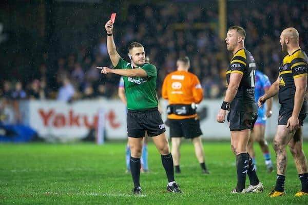 Castleford Tigers' Liam Watts, far right of picture, was sent-off by referee Tom Grant in the round one Super League clash with Wigan Warriors. Picture by Allan McKenzie/SWpix.com.