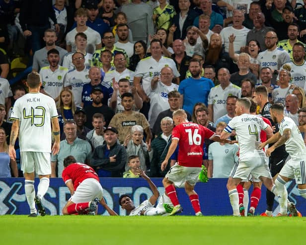 FLASH POINT - Leeds United and Barnsley have been fined by the FA after a charge relating to this incident involving players from both sides. Pic: Bruce Rollinson