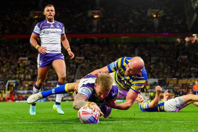 Grand Final man of the match Tom Johnstone scores Wakefield Trinity's fourth try against Warrington Wolves. Picture by Allan McKenzie/SWpix.com.