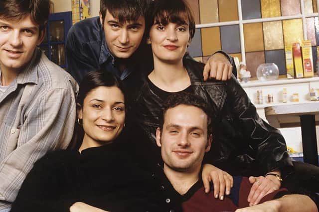 The cast of This Life, which began a repeat run on the BBC this week to mark its 30th anniversary. Clockwise from left, Jason Hughes (Warren), Jack Davenport (Miles), Daniela Nardini (Anna), Andrew Lincoln (Egg) and Amitra Dhiri (Milly). (Picture: World Productions/BBC)