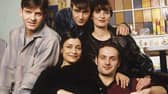 The cast of This Life, which began a repeat run on the BBC this week to mark its 30th anniversary. Clockwise from left, Jason Hughes (Warren), Jack Davenport (Miles), Daniela Nardini (Anna), Andrew Lincoln (Egg) and Amitra Dhiri (Milly). (Picture: World Productions/BBC)