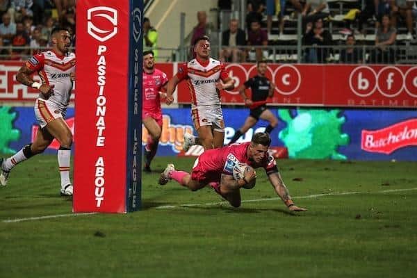 Liam Sutcliffe goes over for his first try to give Rhinos the lead at Catalans. Picture by Manuel Blondeau/SWpix.com.