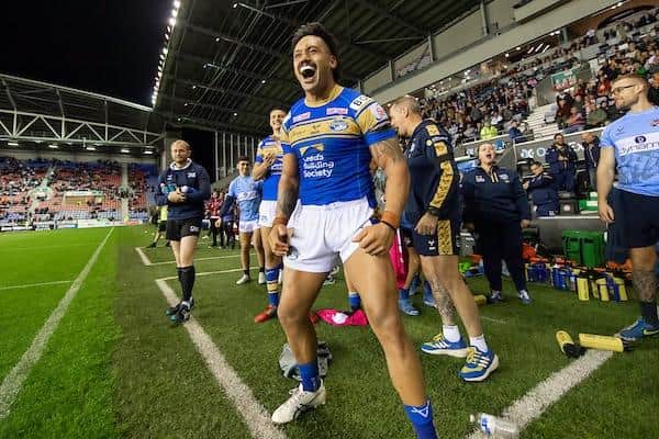 Zane Tetevano celebrates as Leeds clinch thier place at Old Trafford with victory over Wigan. Picture by Allan McKenzie/SWpix.com.