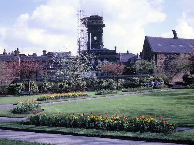 April 1962 and this view looks towards Morley Town Hall from Scatcherd Park, showing scaffolding surrounding the dome of the Town Hall during rebuilding work following the fire in August 1961.