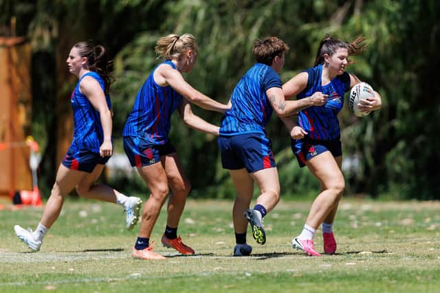 Leeds Rhinos' Connie Boyd, with ball, seen at England training in Perth, Western Australia, this week. Picture by Ramiro Larguia/SWpix.com.